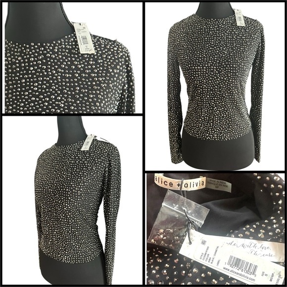 NWT Alice + Olivia Black and Silver Studded Long Sleeve Blouse Size S - Picture 1 of 8